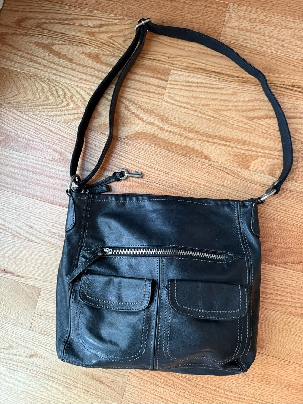 Fossil Genuine Leather Black Hobo Shoulder Bag Vintage Y2K Multi Pocket Purse